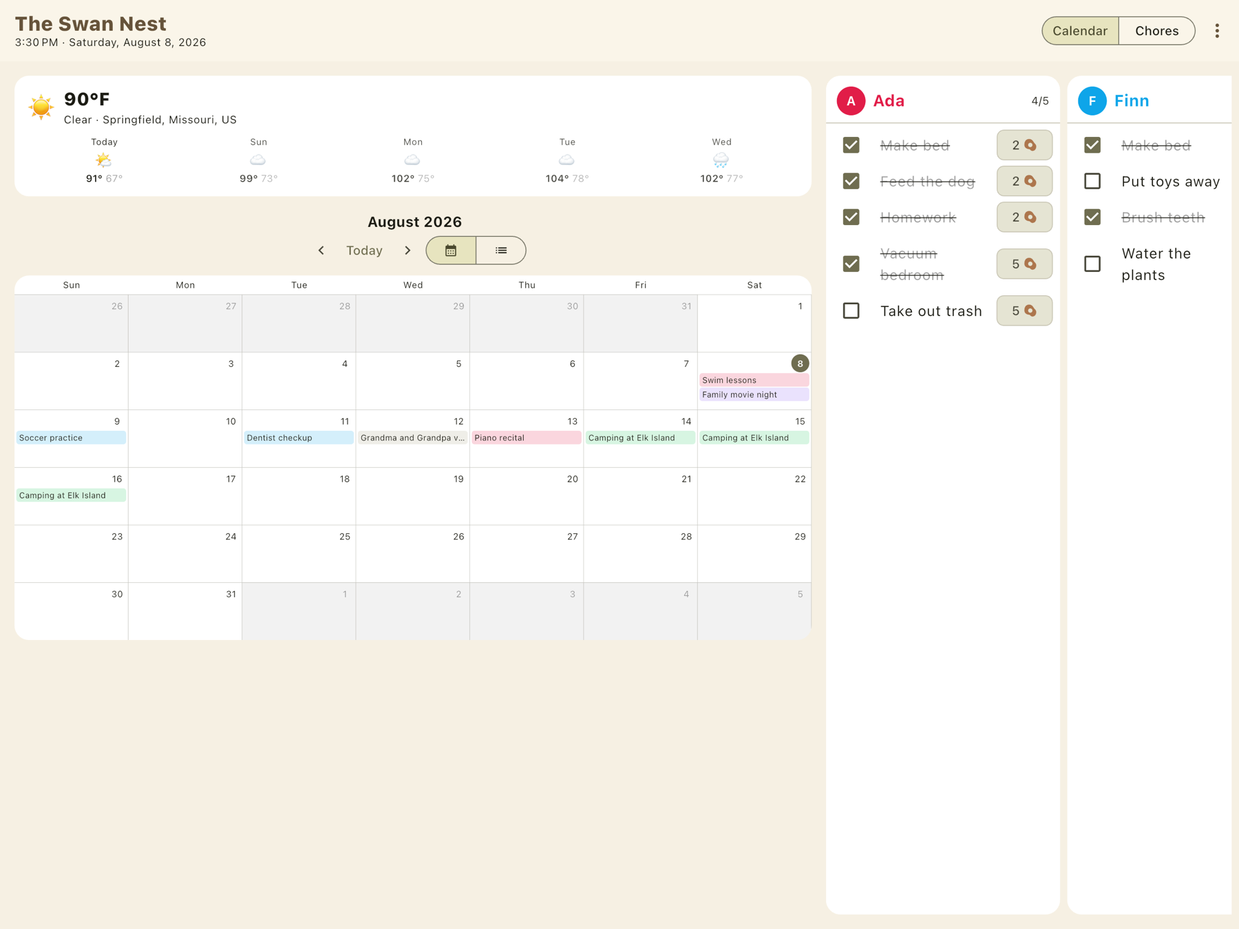 Kiosk month view: the family calendar beside the chore columns