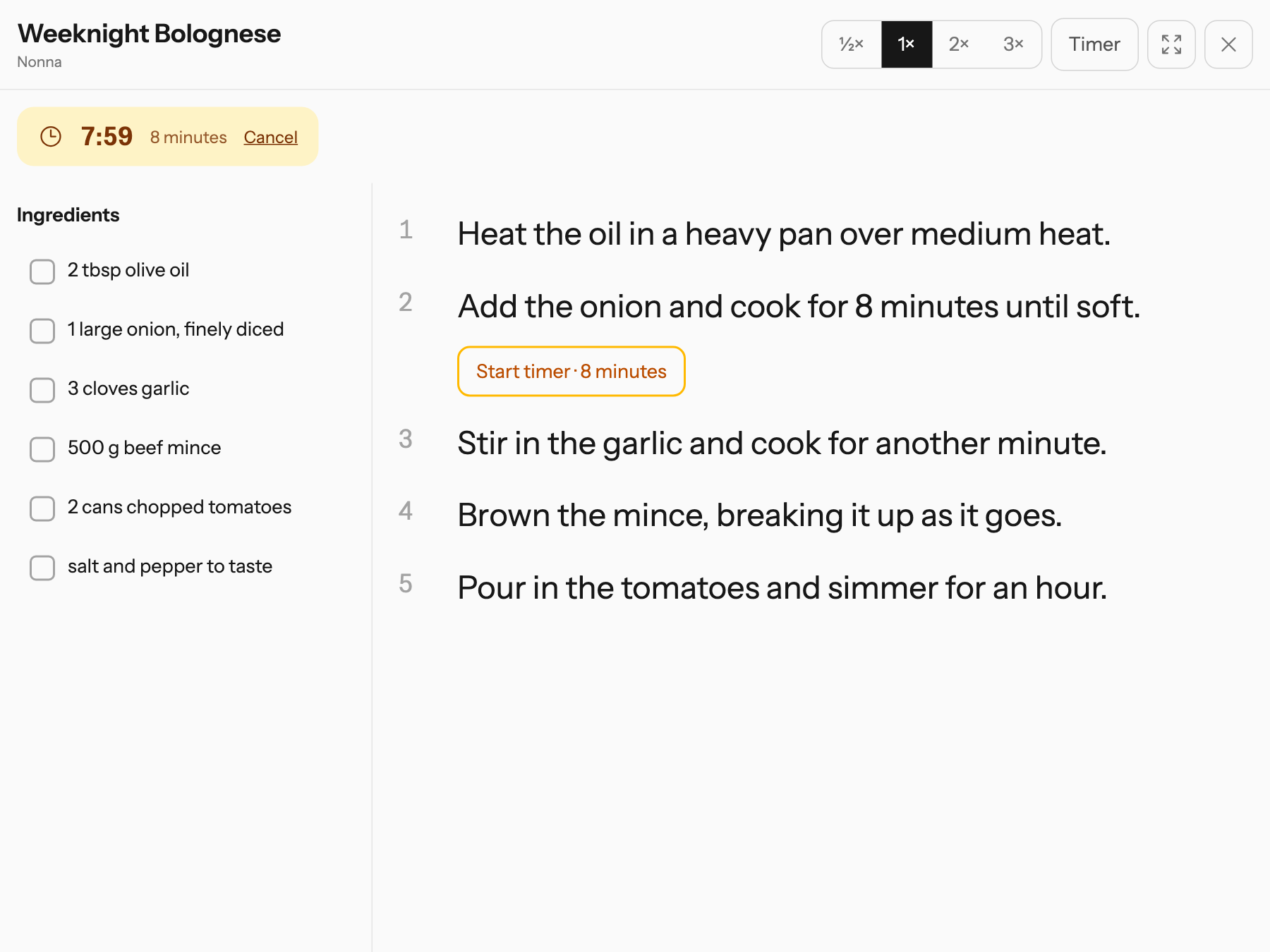 Cooking mode on the kitchen tablet: a timer counting down, ingredients to tick off, and the steps in big type
