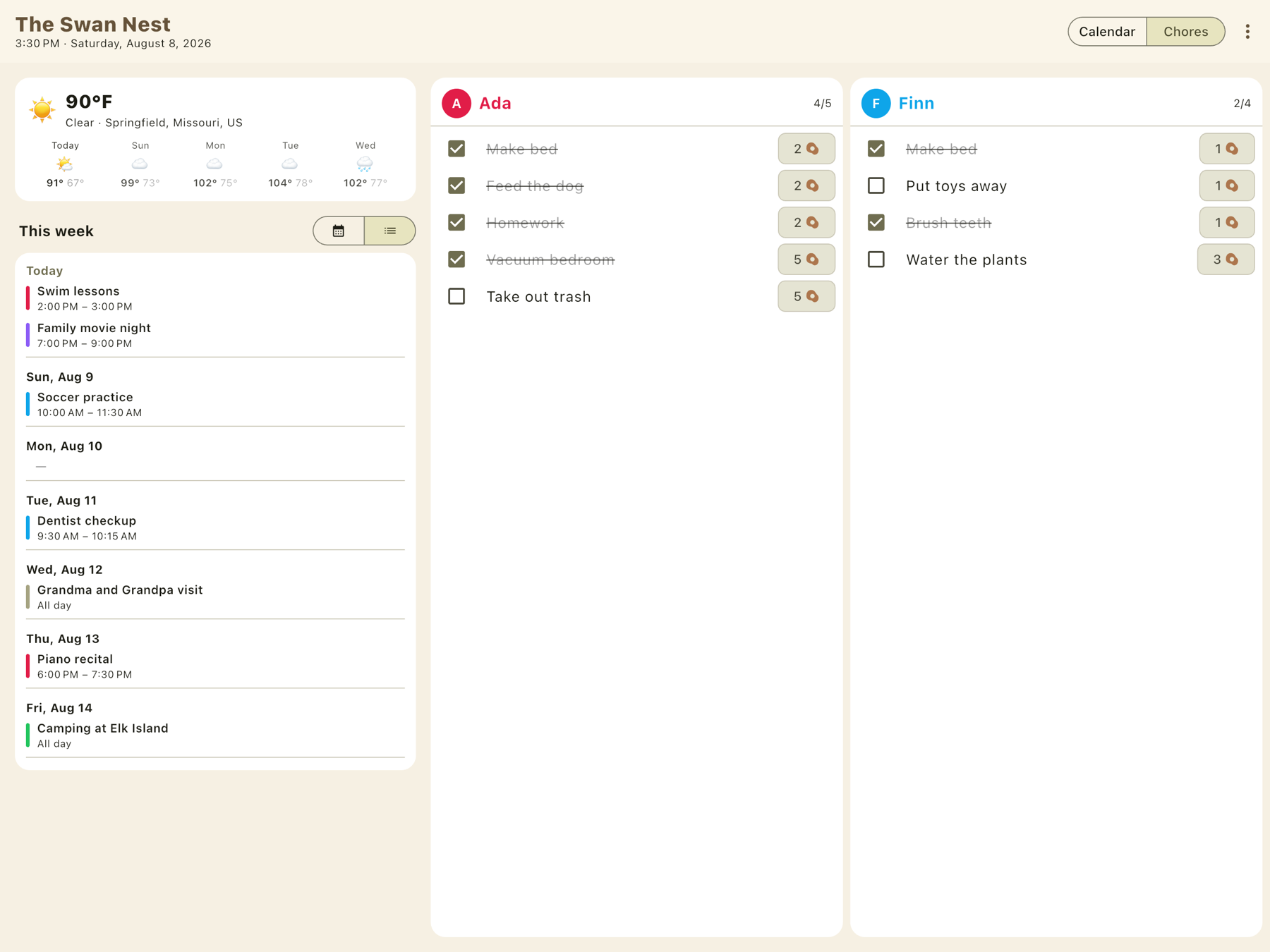Nido kiosk on a wall tablet: weather, this week's agenda, and each kid's chore column