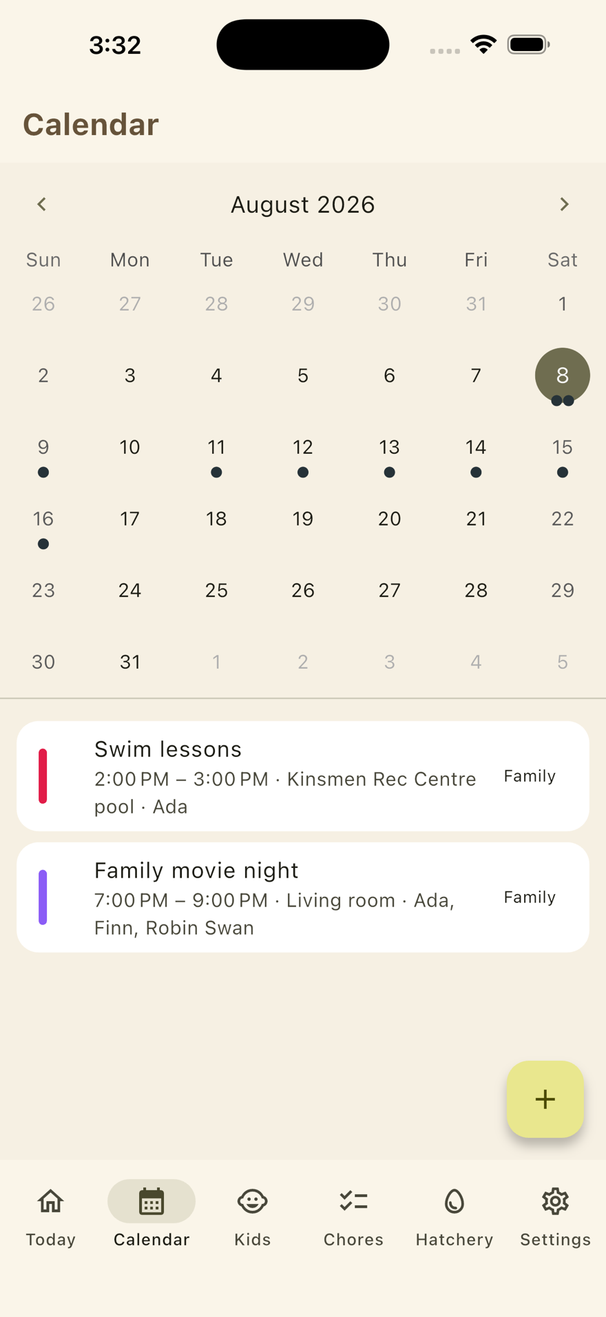 Nido calendar on iPhone showing August with the day's events