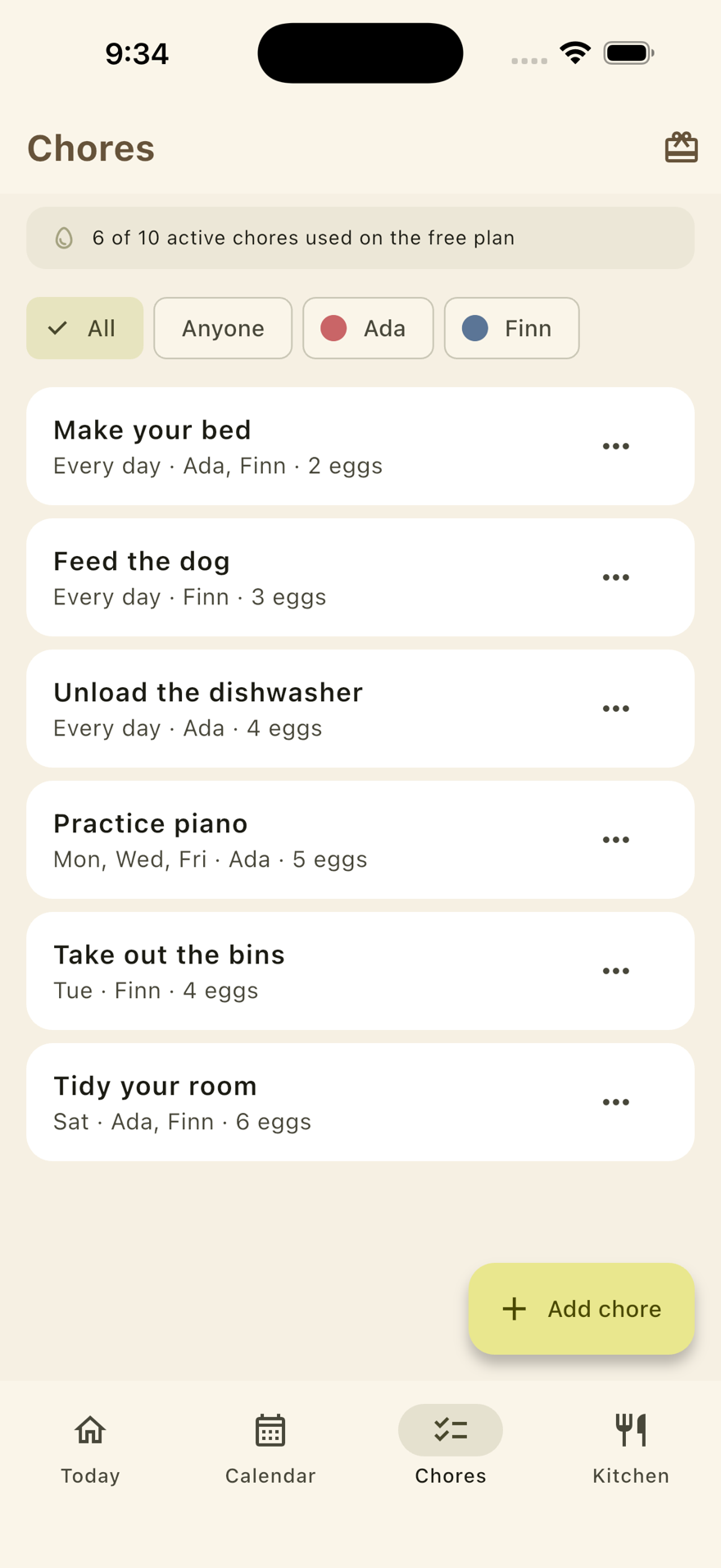 The Nido chore board on iPhone: every kid's chores and what each one is worth