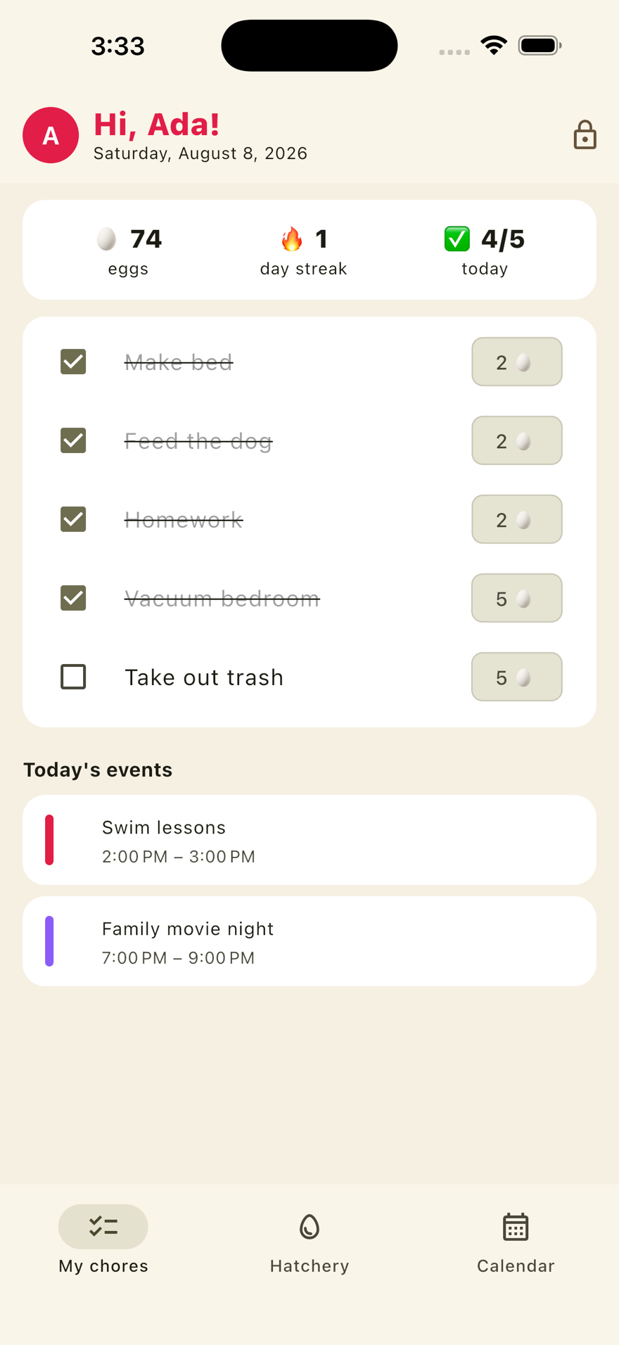 Kid mode on iPhone: Ada's chores, eggs and streak