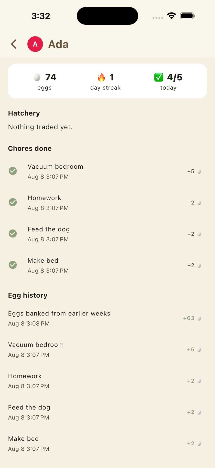 A kid's history on iPhone: chores done and egg history