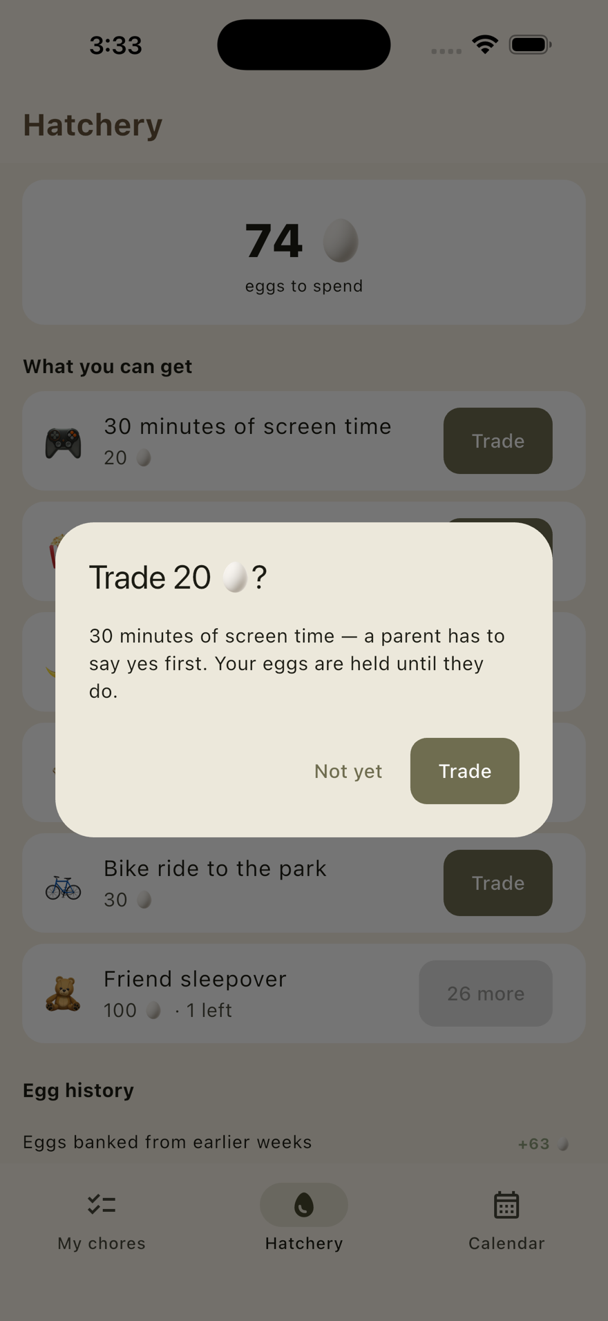 Kid mode on iPhone confirming a 20 egg trade for screen time