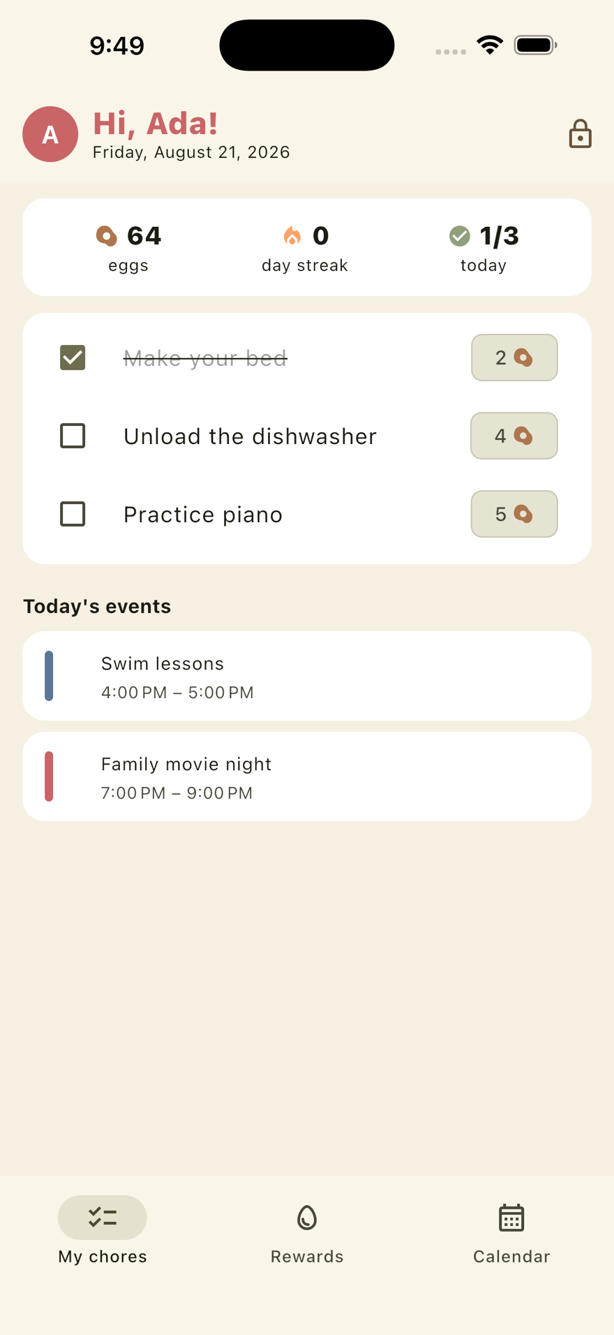 Kid mode: Ada's own chores, her eggs and her streak
