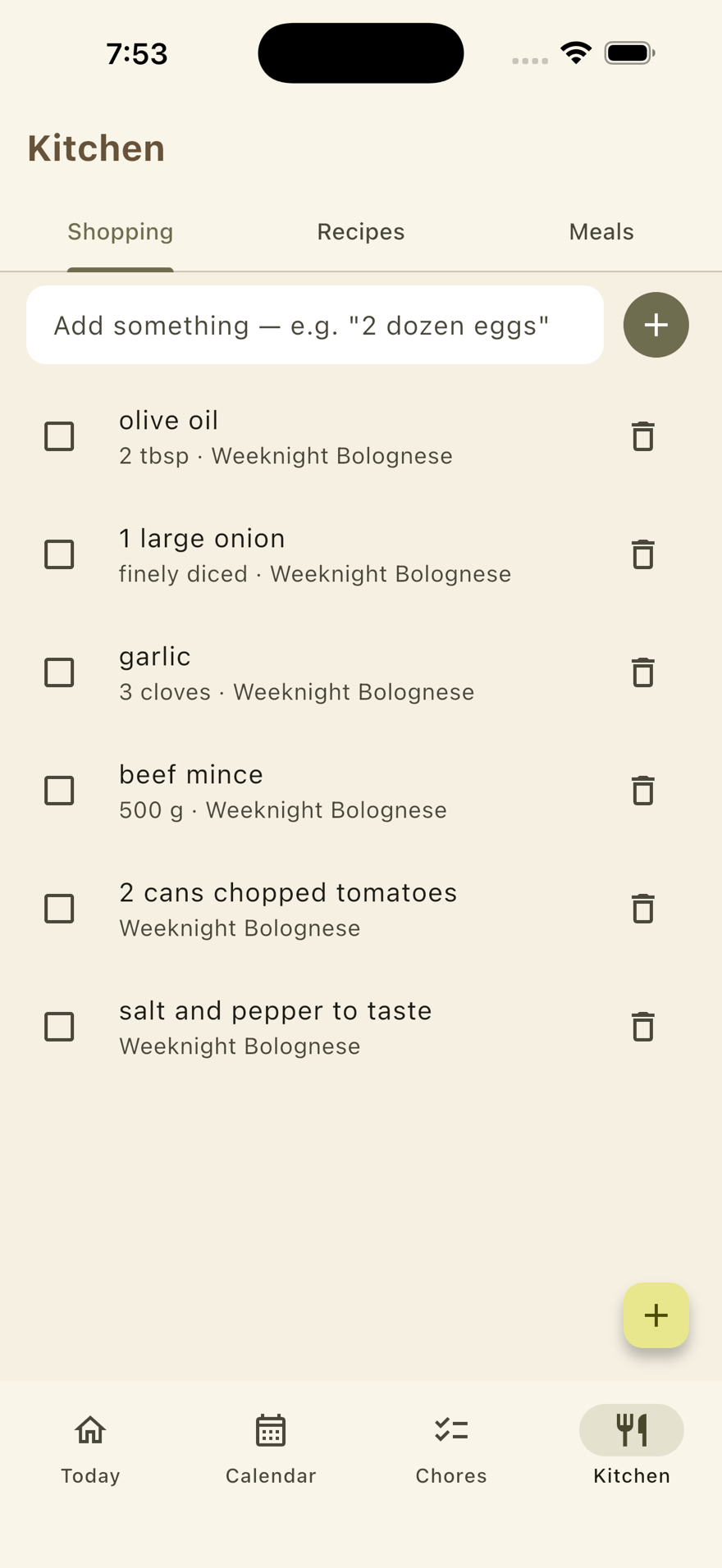 The Kitchen tab on iPhone: a shopping list that remembers which recipe each item came from