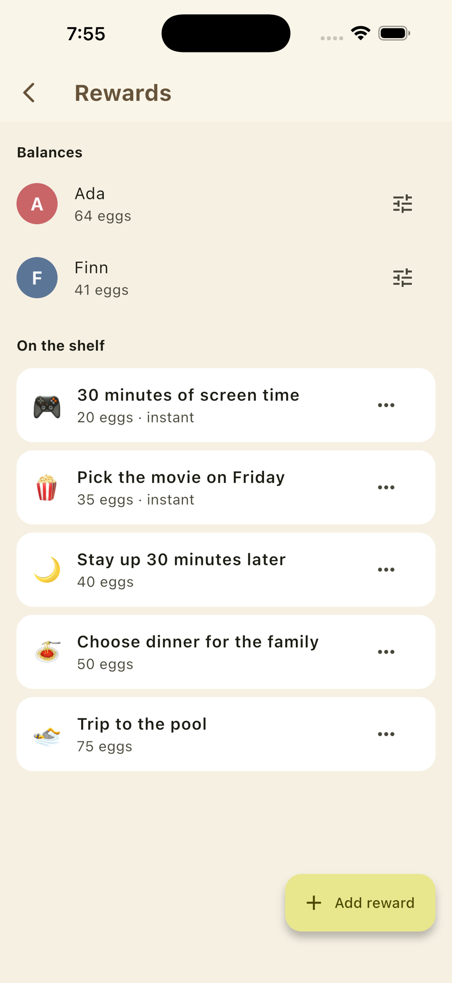 The Rewards shelf on iPhone: each kid's egg balance and what they can trade for