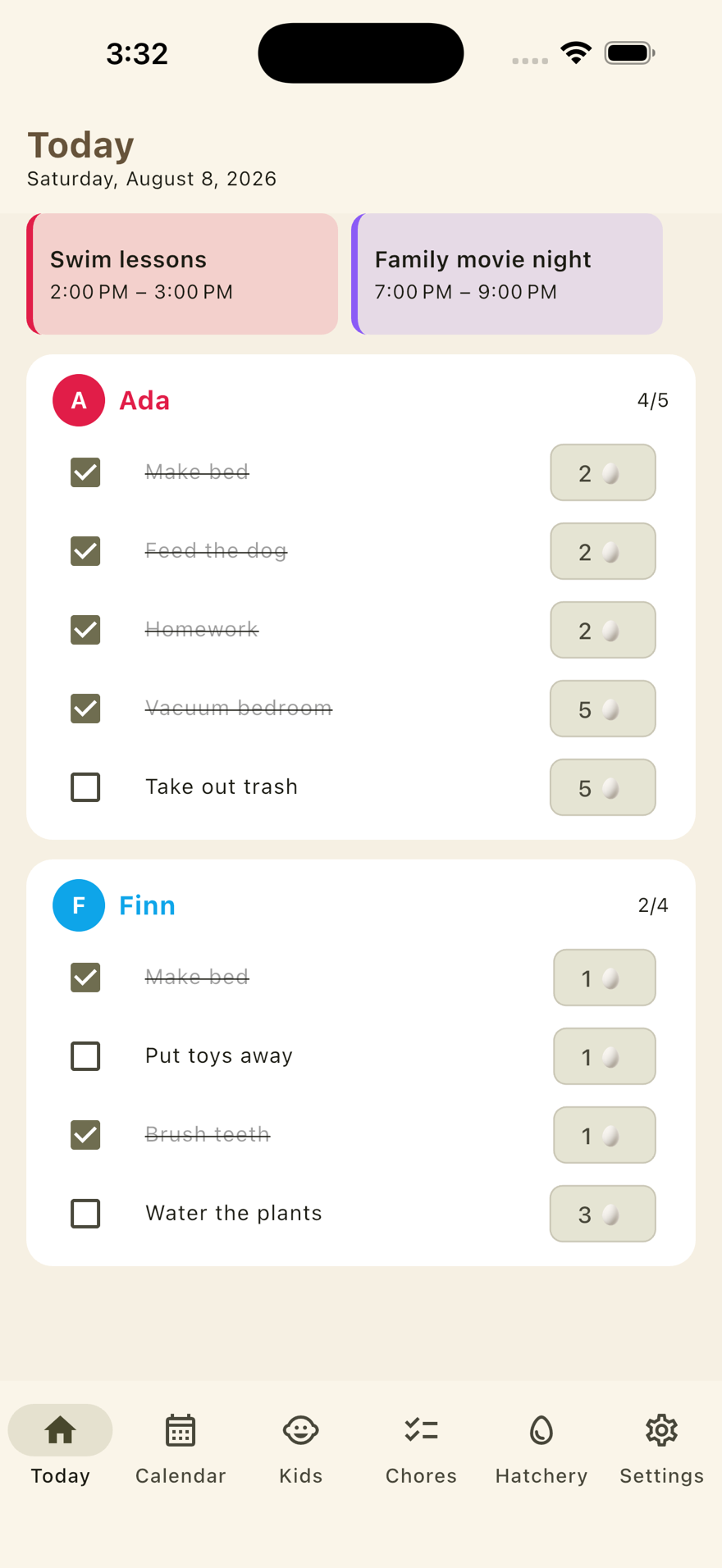 Nido on iPhone: today's events and each kid's chore list